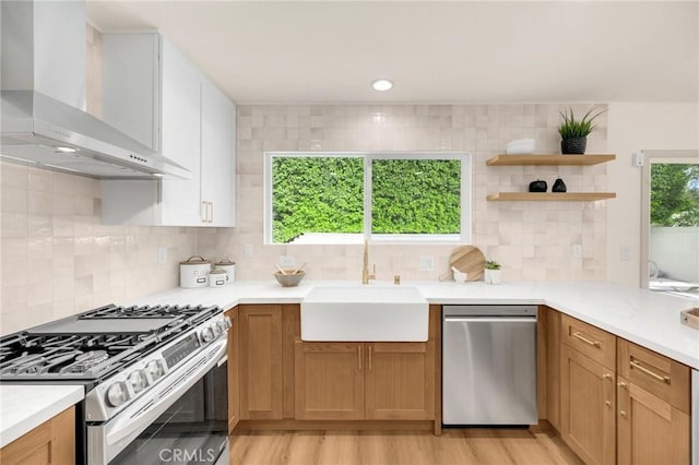 kitchen featuring backsplash, wall chimney range hood, sink, light hardwood / wood-style flooring, and stainless steel appliances