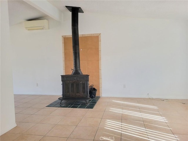 room details featuring a wood stove, beam ceiling, and a wall unit AC