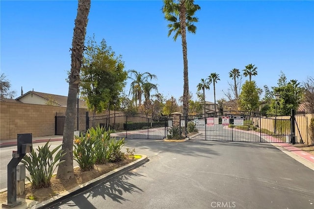 view of road featuring curbs, a gated entry, and a gate