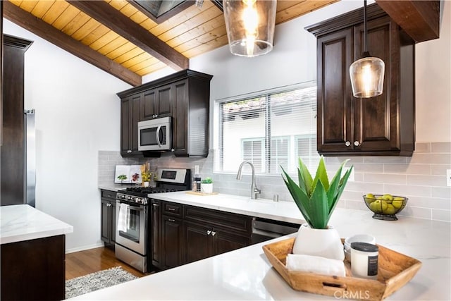 kitchen featuring pendant lighting, wood ceiling, stainless steel appliances, dark brown cabinetry, and decorative backsplash