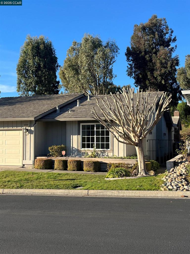 ranch-style house featuring a garage and a front lawn