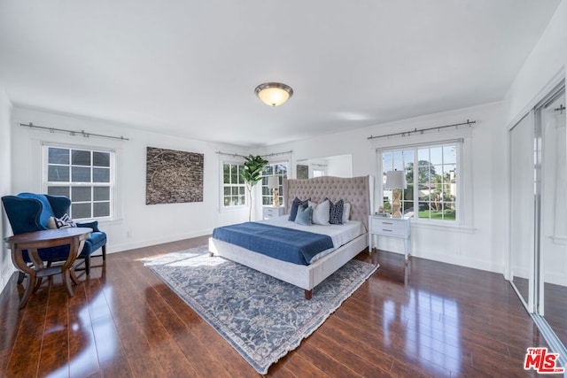 bedroom with dark hardwood / wood-style floors