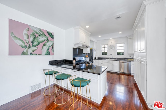 kitchen featuring kitchen peninsula, sink, dark wood-type flooring, stainless steel appliances, and white cabinets