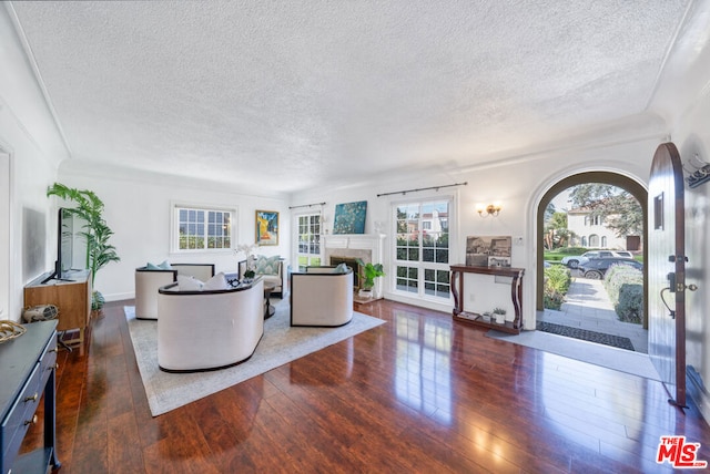 living room with a textured ceiling, dark wood-type flooring, and crown molding