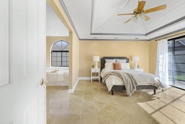 bedroom with access to outside, ceiling fan, ornamental molding, and a tray ceiling