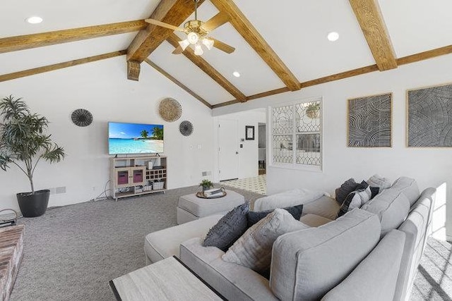 carpeted living room featuring high vaulted ceiling, ceiling fan, and beam ceiling