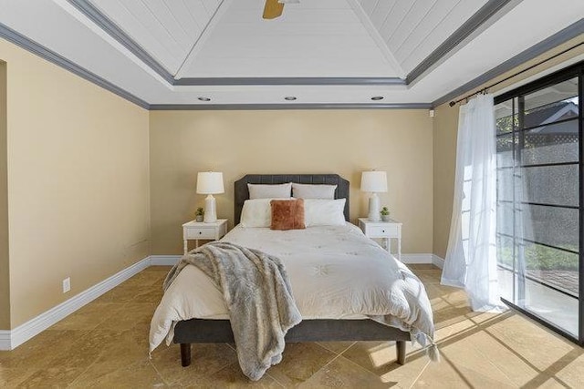 bedroom with access to outside, crown molding, and multiple windows