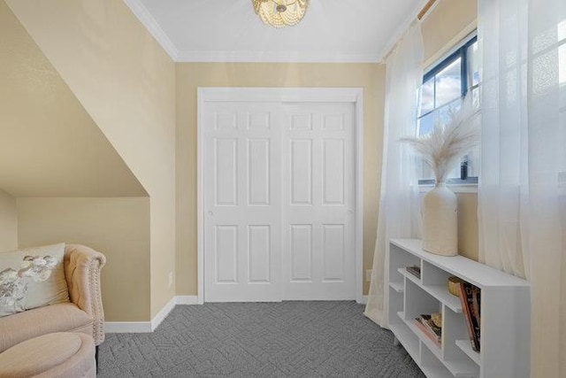 sitting room featuring carpet floors and ornamental molding