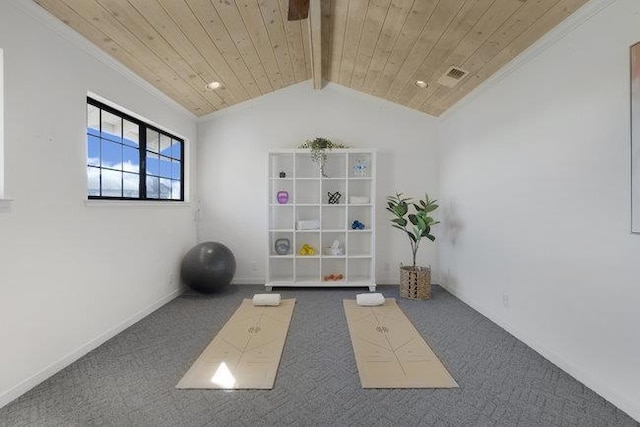 exercise room with wooden ceiling, crown molding, vaulted ceiling, and carpet flooring