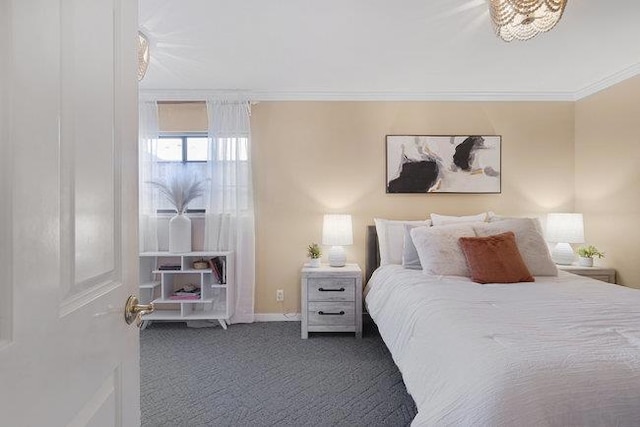 carpeted bedroom with crown molding