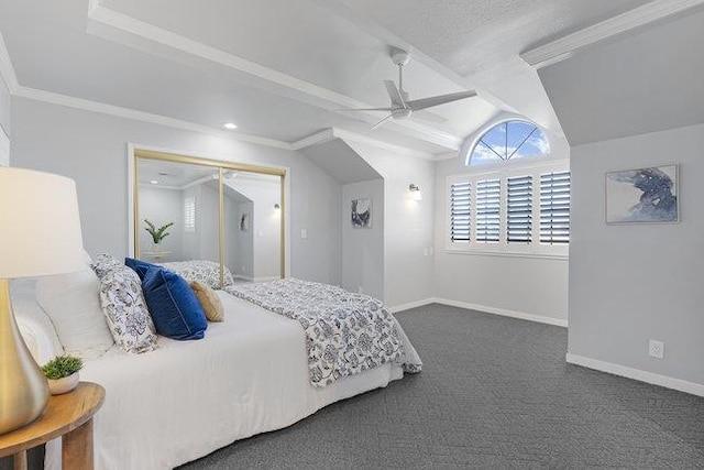 bedroom with dark carpet, a closet, ceiling fan, and ornamental molding