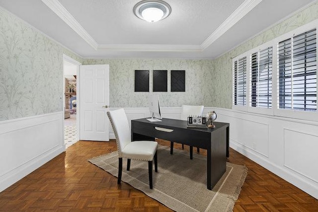 office featuring ornamental molding and dark parquet floors