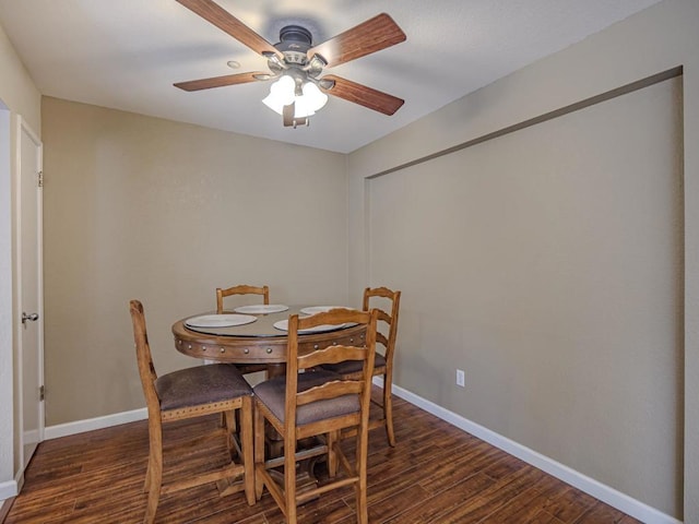 dining area with ceiling fan and dark wood-type flooring