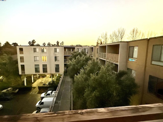 view of outdoor building at dusk