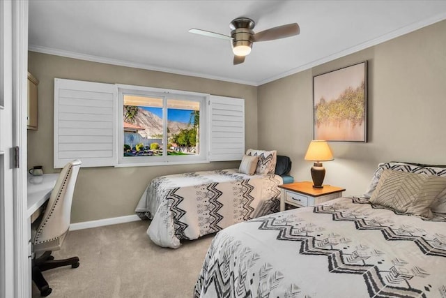 bedroom featuring light carpet, ceiling fan, and crown molding