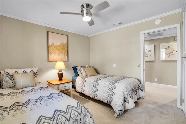 carpeted bedroom featuring ceiling fan and ornamental molding