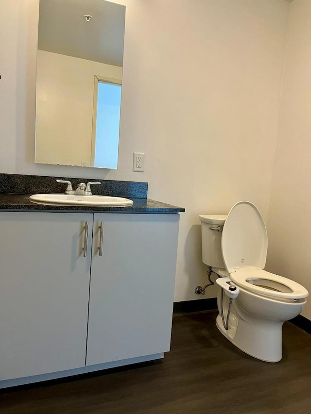 bathroom featuring toilet, vanity, and wood-type flooring