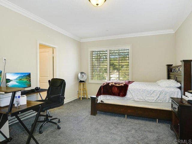 carpeted bedroom with ornamental molding