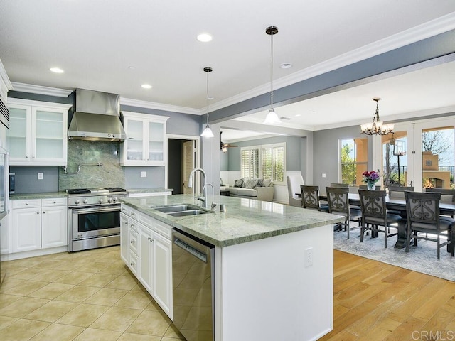 kitchen with sink, hanging light fixtures, a kitchen island with sink, appliances with stainless steel finishes, and wall chimney exhaust hood