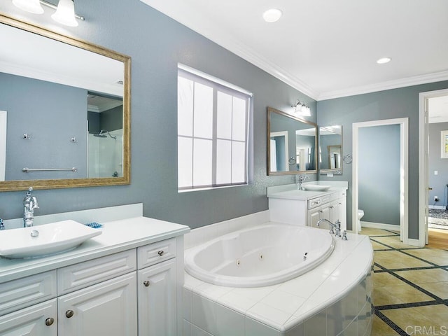 full bathroom with toilet, vanity, and crown molding