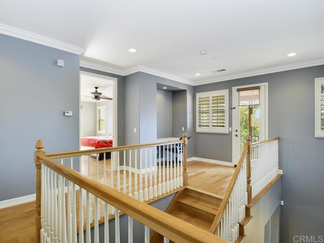 corridor with crown molding and hardwood / wood-style flooring