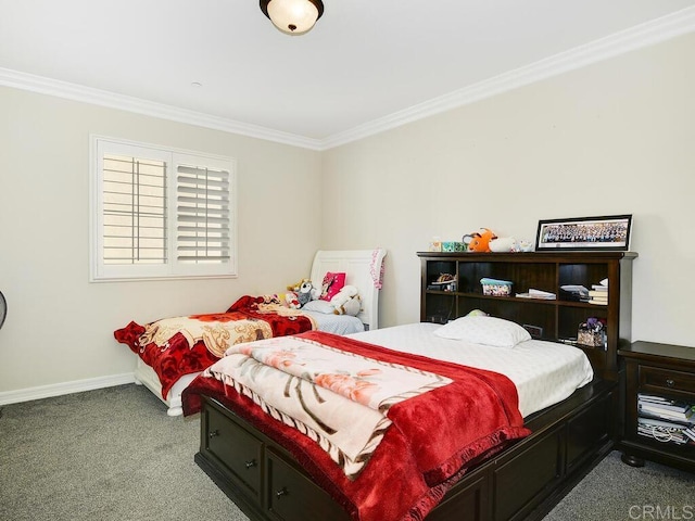 bedroom featuring carpet flooring and crown molding