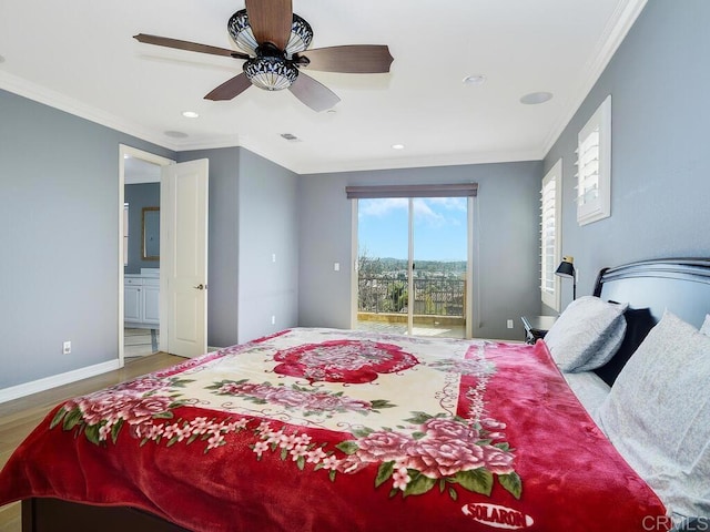 bedroom featuring hardwood / wood-style floors, connected bathroom, access to outside, ceiling fan, and crown molding