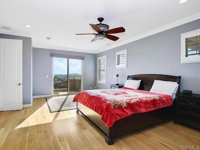 bedroom featuring ceiling fan, access to exterior, crown molding, and light wood-type flooring