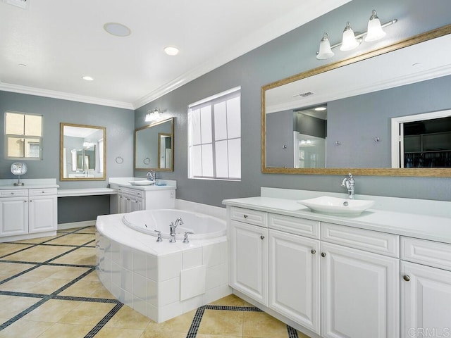 bathroom with tiled bath, vanity, and crown molding