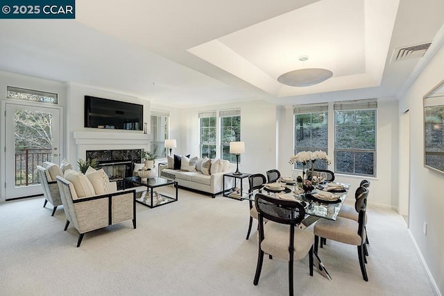 interior space with a high end fireplace and a tray ceiling