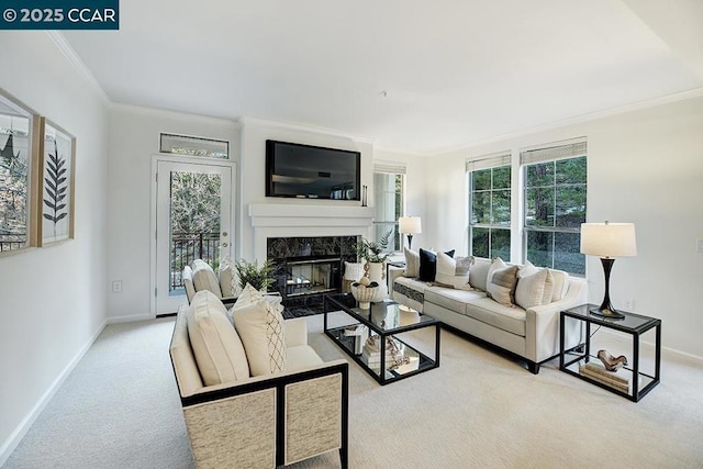 carpeted living room featuring a high end fireplace and crown molding