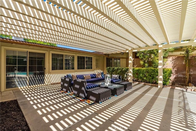 view of patio / terrace featuring outdoor lounge area and a pergola