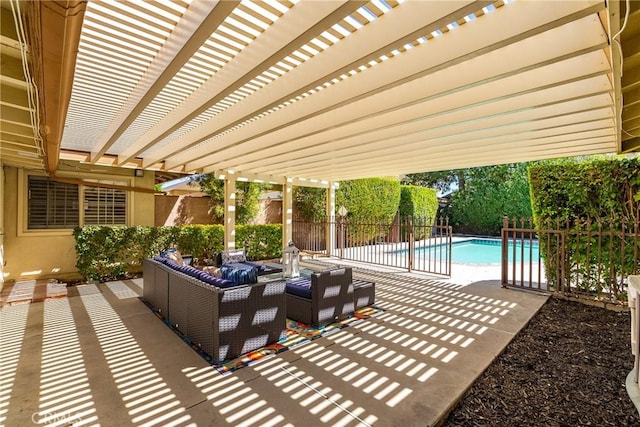 view of patio with a pergola, a fenced in pool, and outdoor lounge area