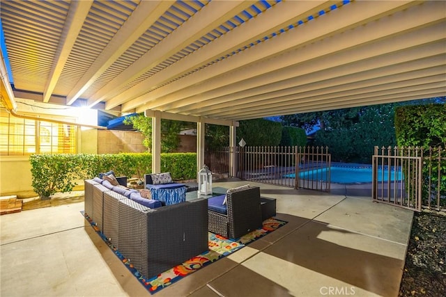 view of patio with an outdoor living space, a fenced backyard, and a fenced in pool