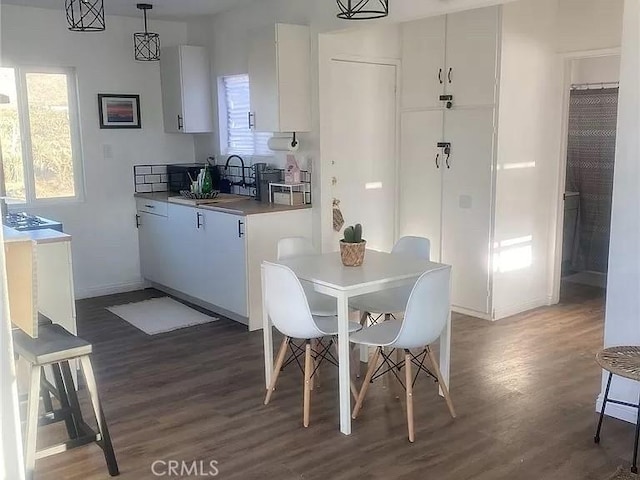 dining room with dark wood-style floors, plenty of natural light, and baseboards