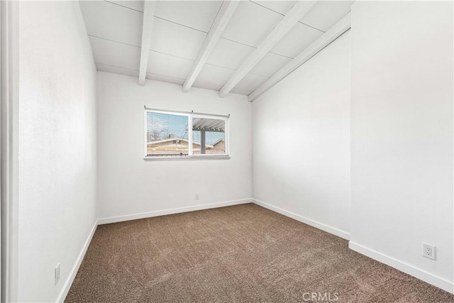 carpeted empty room featuring wooden ceiling and lofted ceiling with beams