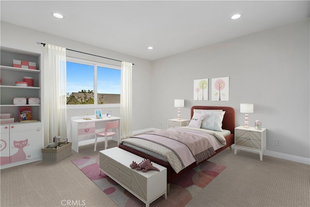 carpeted bedroom featuring baseboards and recessed lighting