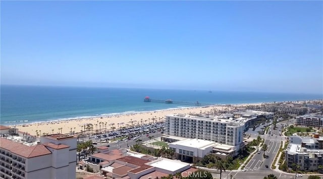 drone / aerial view featuring a water view and a view of the beach