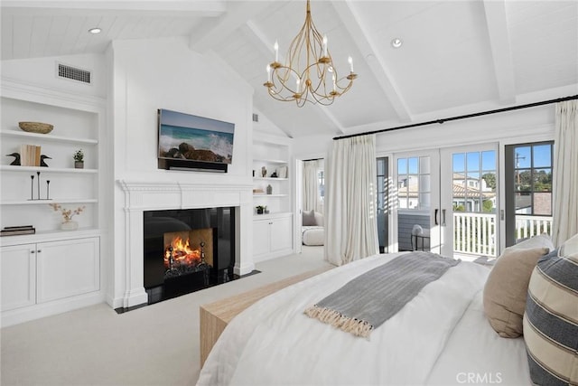 carpeted bedroom with a chandelier, access to outside, french doors, and lofted ceiling with beams