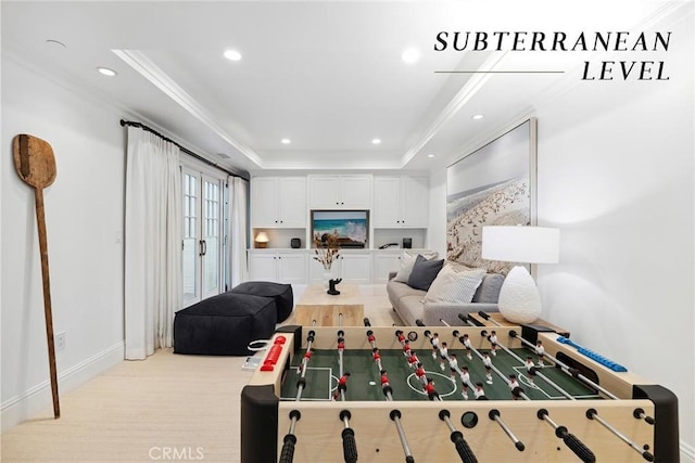 game room featuring crown molding and a raised ceiling