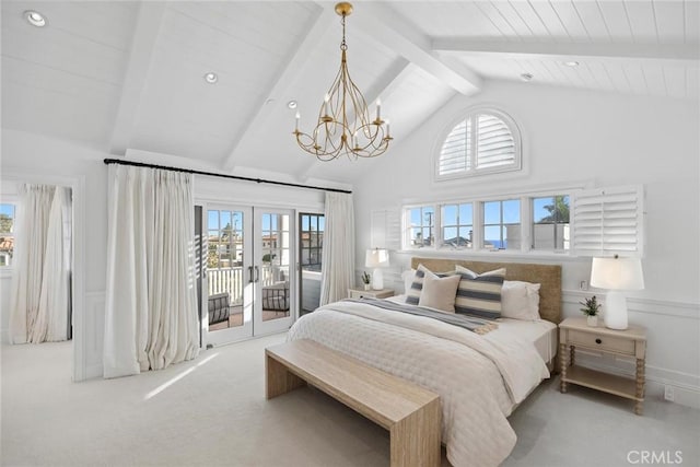 carpeted bedroom with an inviting chandelier, access to outside, french doors, high vaulted ceiling, and beam ceiling