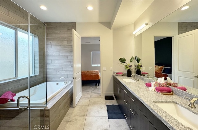 bathroom featuring separate shower and tub, vanity, tile patterned flooring, and plenty of natural light