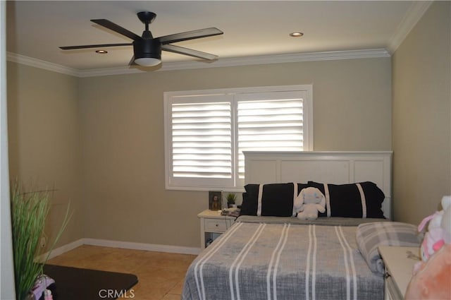 tiled bedroom featuring ceiling fan and ornamental molding