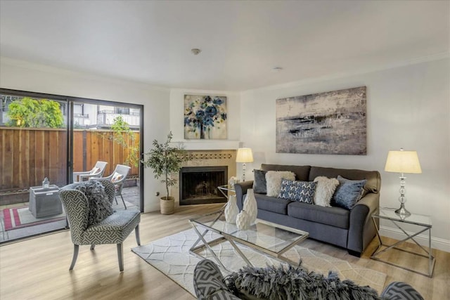 living room with ornamental molding and light hardwood / wood-style floors