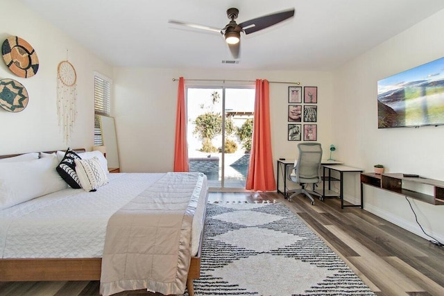 bedroom featuring ceiling fan, access to outside, and hardwood / wood-style floors