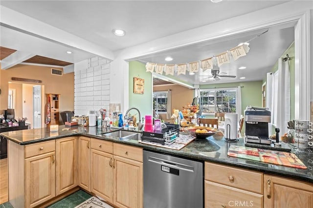 kitchen with ceiling fan, dishwasher, light brown cabinets, sink, and kitchen peninsula