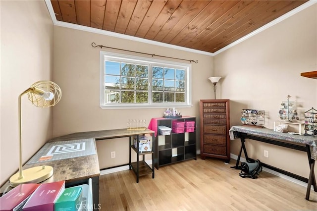 office area with wood ceiling, ornamental molding, and light wood-type flooring