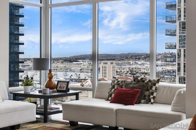 living room with expansive windows and hardwood / wood-style floors