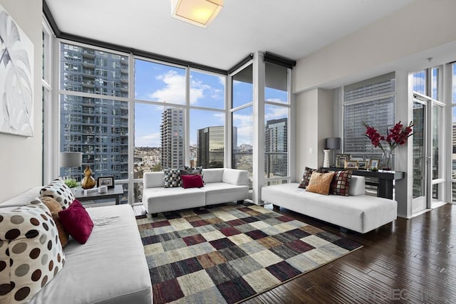 living room featuring a wall of windows and dark hardwood / wood-style floors