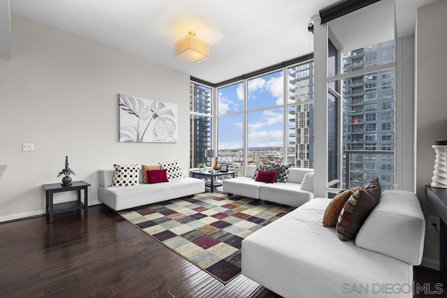 living room featuring a wall of windows and dark hardwood / wood-style floors